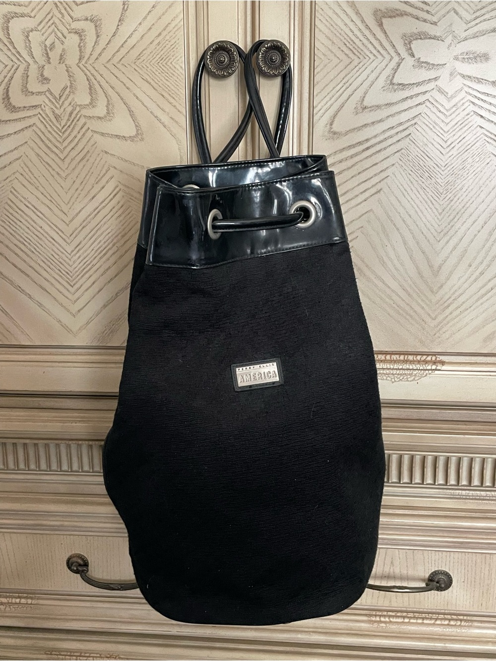 Perry Ellis Black Drawstring Backpack with Patent Trim